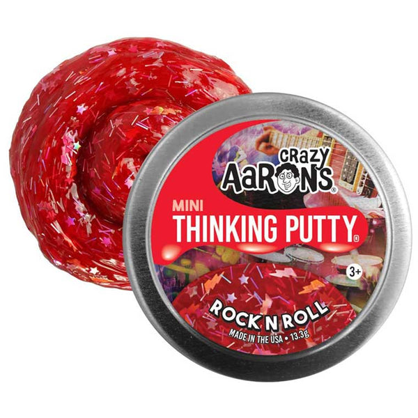 Front view of Crazy Aaron's Rock N Roll putty in packaging and outside to show the sparkle and lightning bolts in putty.