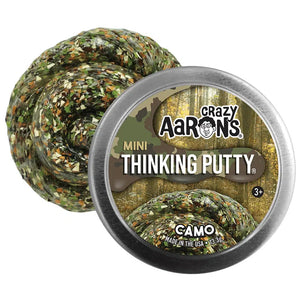 Front view of Crazy Aaron't Woodland Camo thinking putty in its tin.