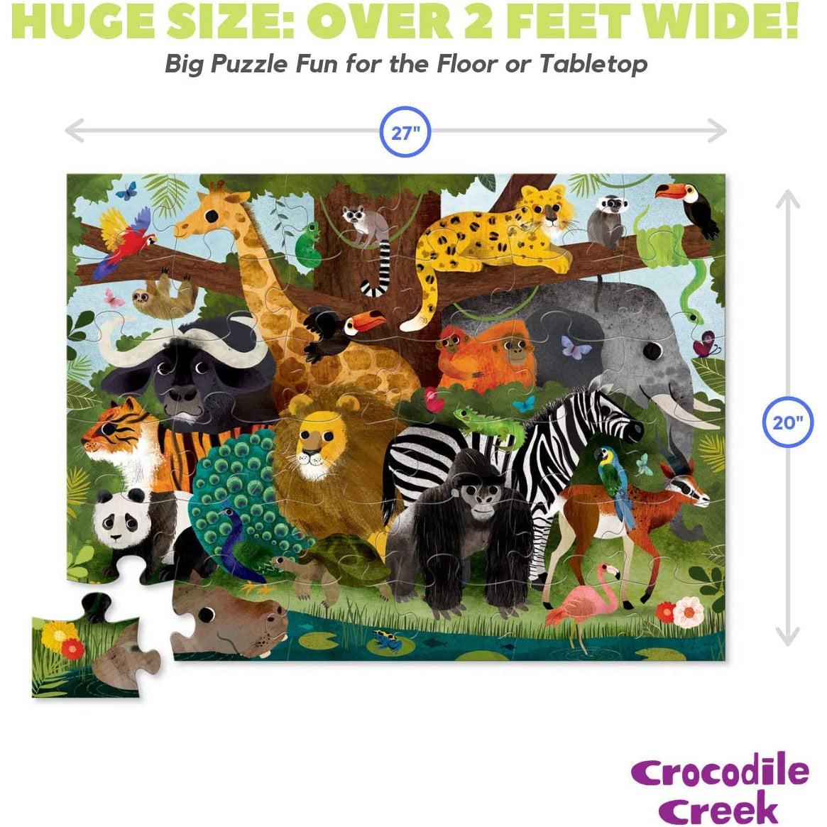 Front view of a mostly completed Jungle Friends puzzle with dimensions showing size of completed puzzle.