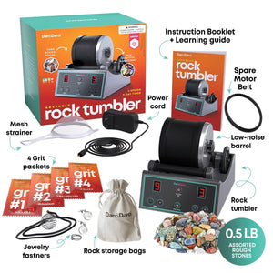 Front view of the box and the contents of the Advanced Rock Tumbler kit.