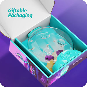 Front view of the inside of the box of the Hydropets Live Sea Pets Habitat Kit, Light Up Tank showing the giftable packaging.