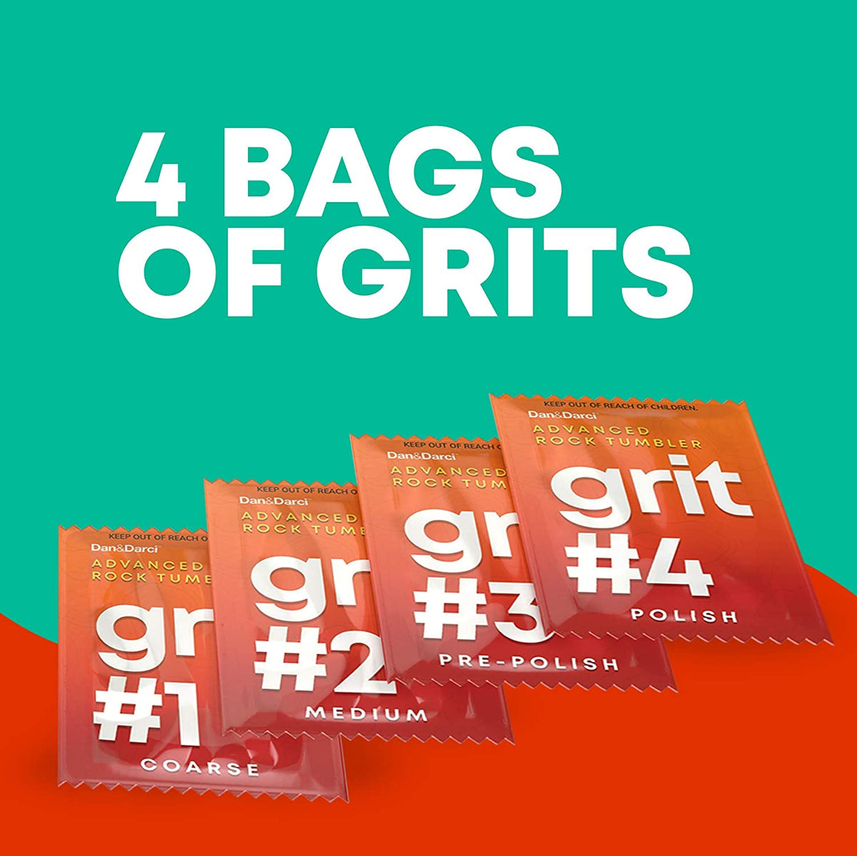 Front view of the 4 bags of grits that comes in the Rock Tumbler Refill kit.