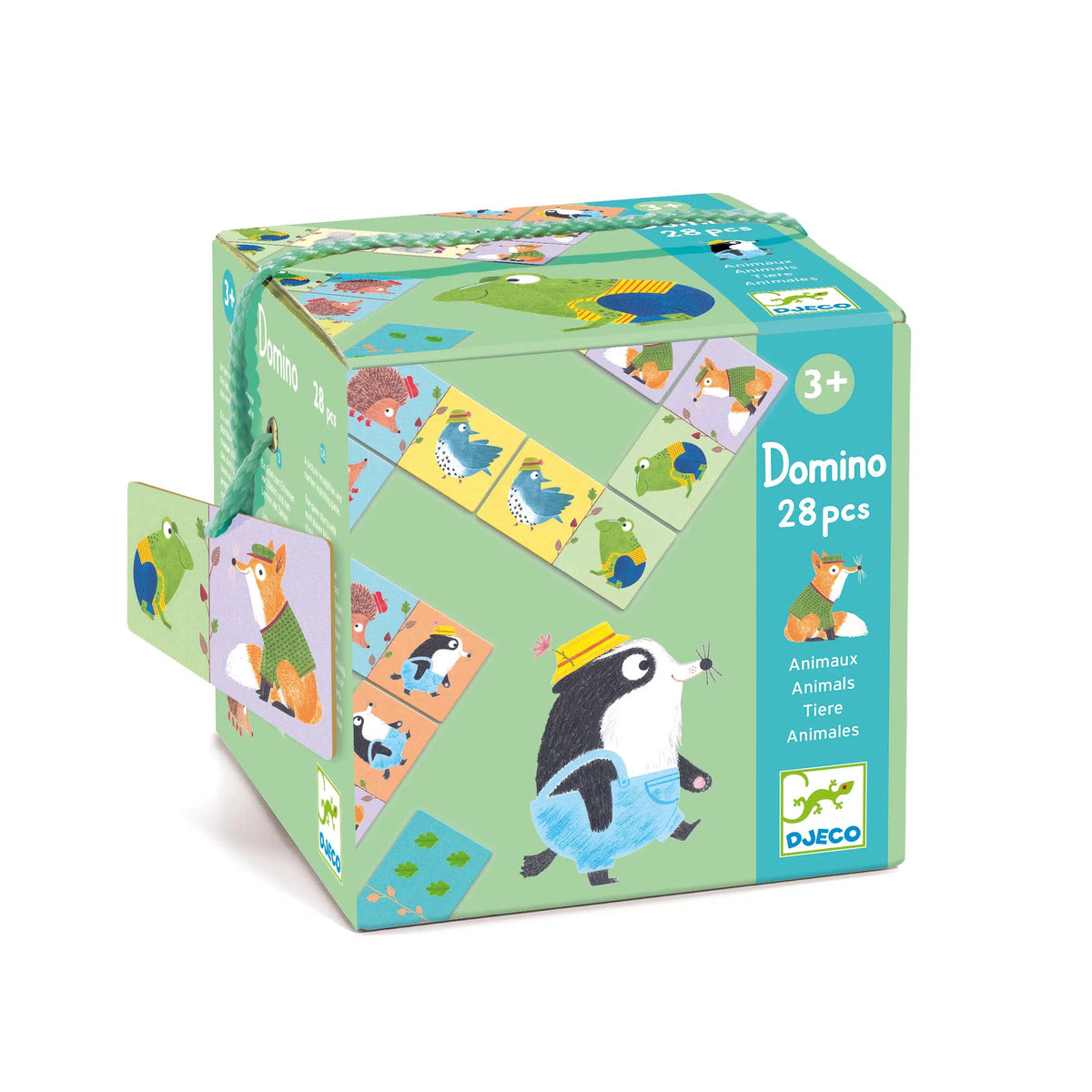 Front view of animals domino set in box.