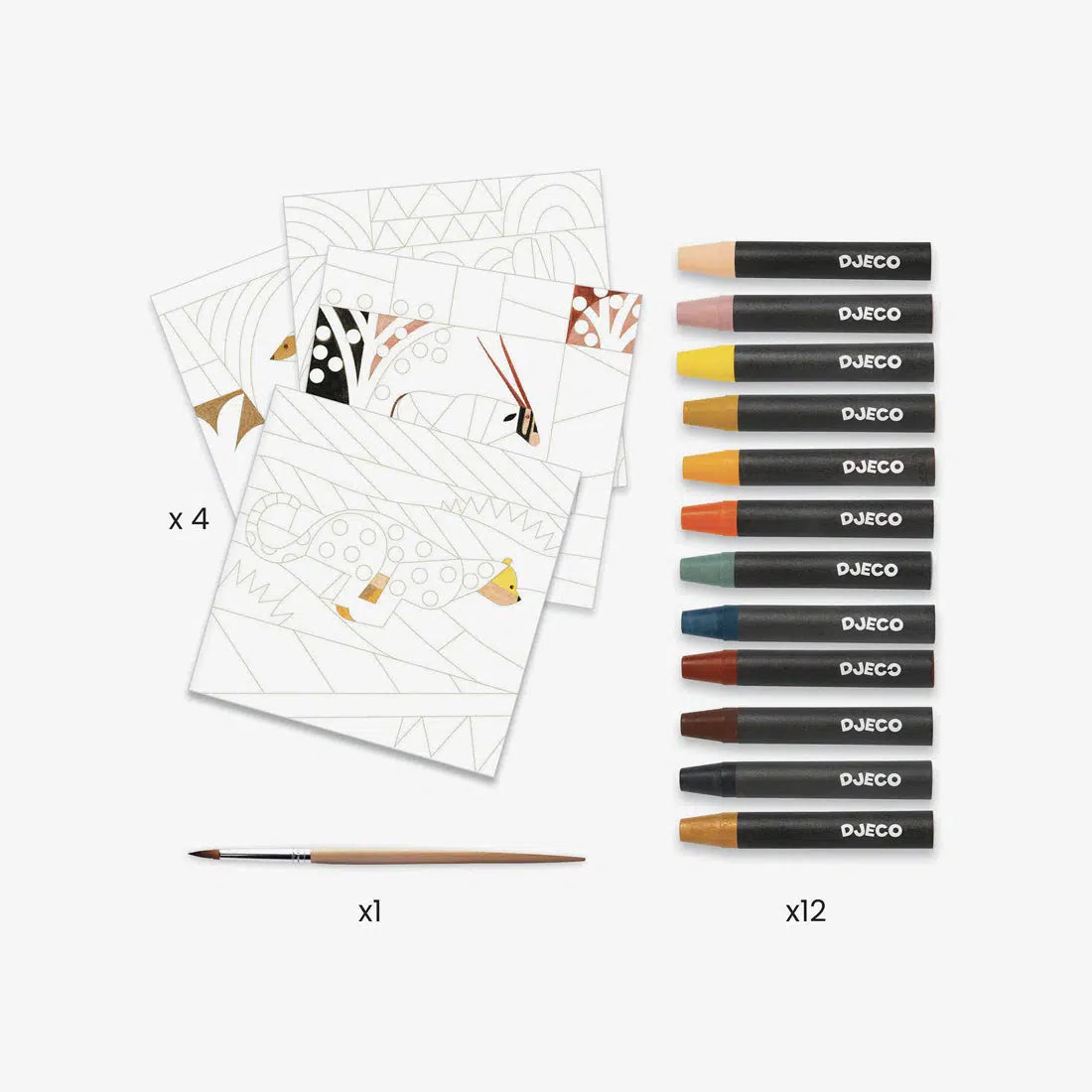 Front view of desert watercolor and crayon kit in package.