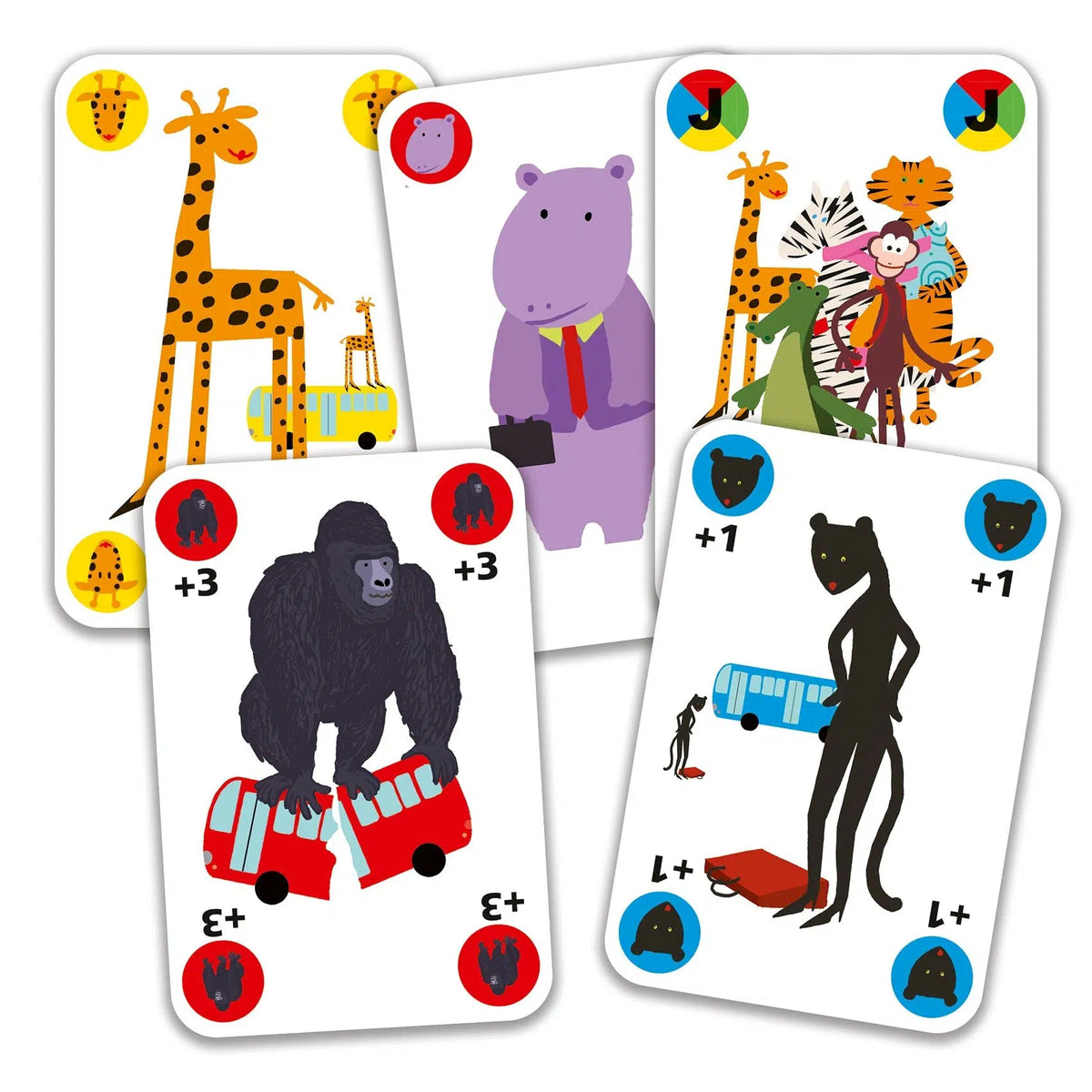 Front view of various cards from Gorilla card game.