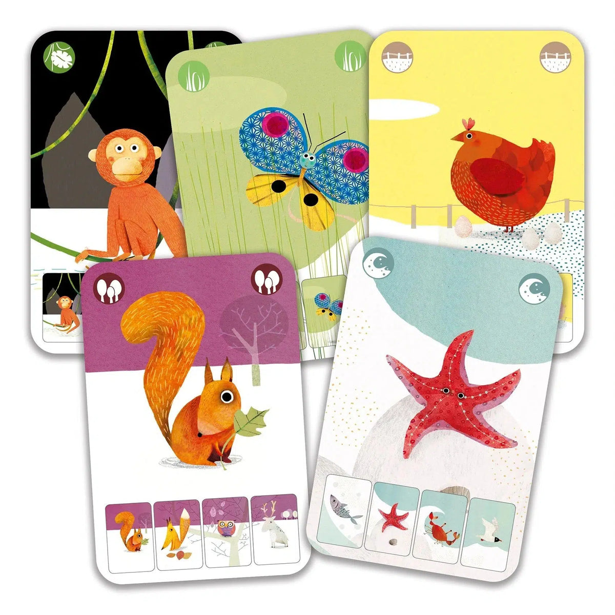 Front view of various cards from Mini Nature Go Fish featuring the monkey, butterfly, squirrel, starfish, and chicken.