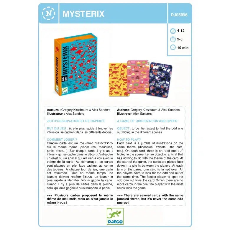Rear view of mysterix game in box.