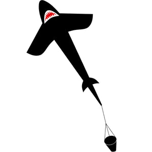 Black shark-shaped kite with white teeth and a red mouth, against a white background