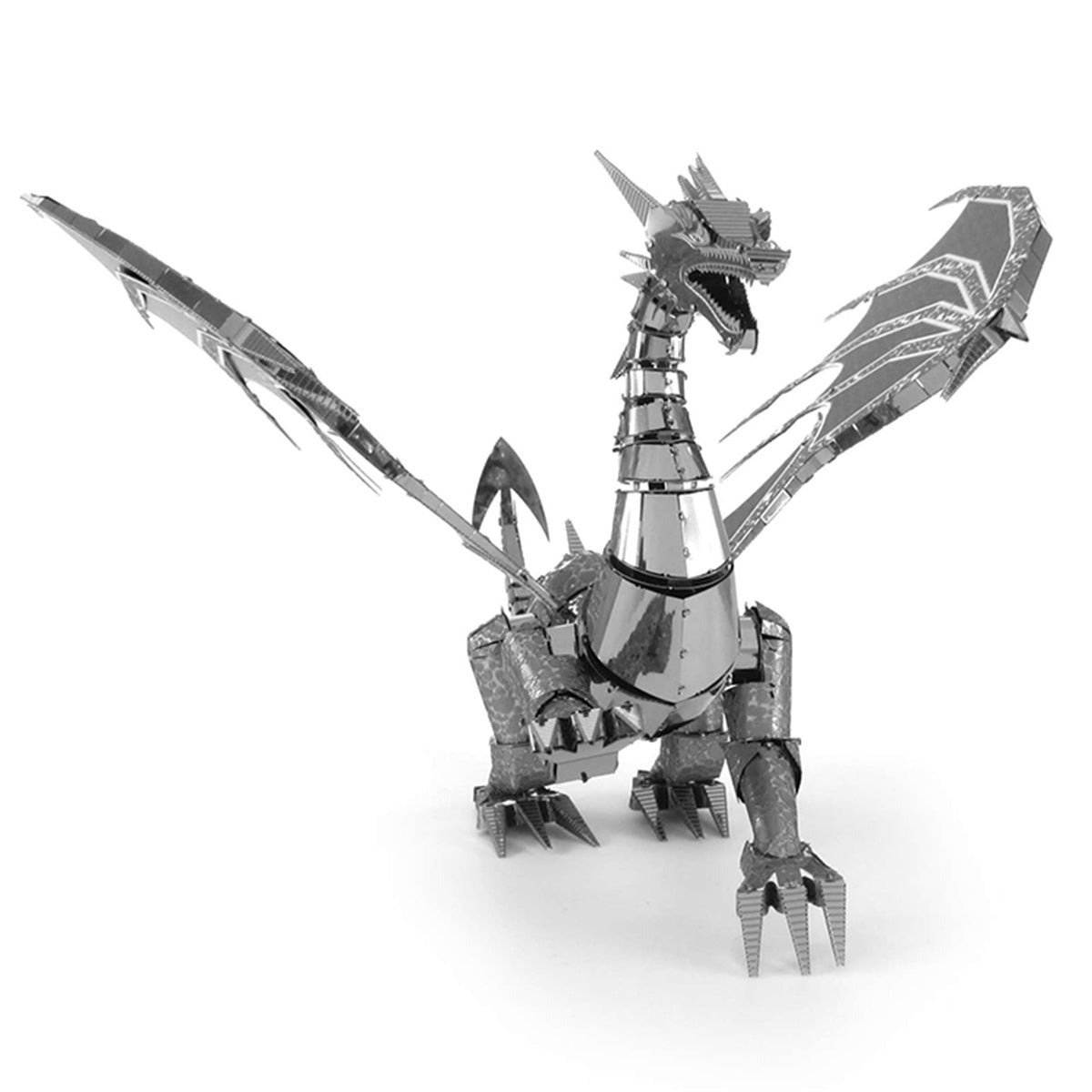Front view of the Silver Dragon from the steel model kit with one foot off the ground.