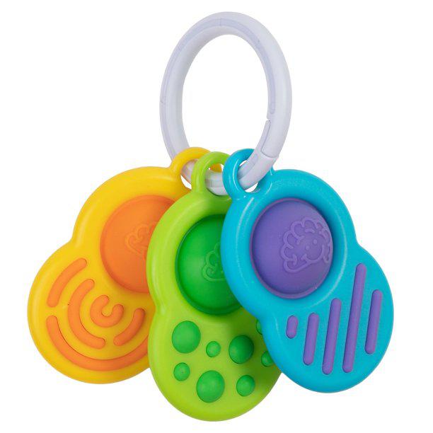 3 separate tactile toys in orange, green, and blue