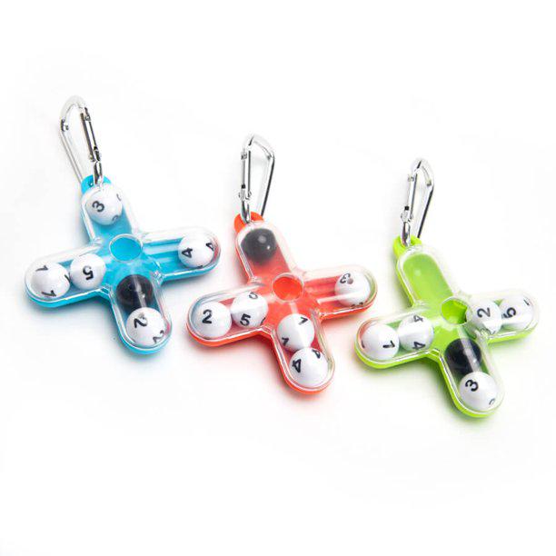 Front view of Fat Brain Tiltago Keychains showing all three colors blue, red, and green.