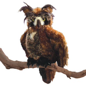 Front view of the Great Horned Owl Puppet posed on a branch.