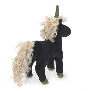 Rear view of mini black unicorn finger puppet.
