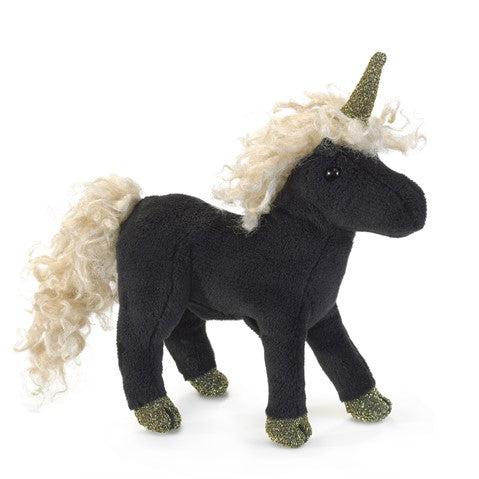 Front side view of mini black unicorn  finger puppet.