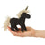 Front view of a person holding the mini black unicorn finger puppet in their hand.