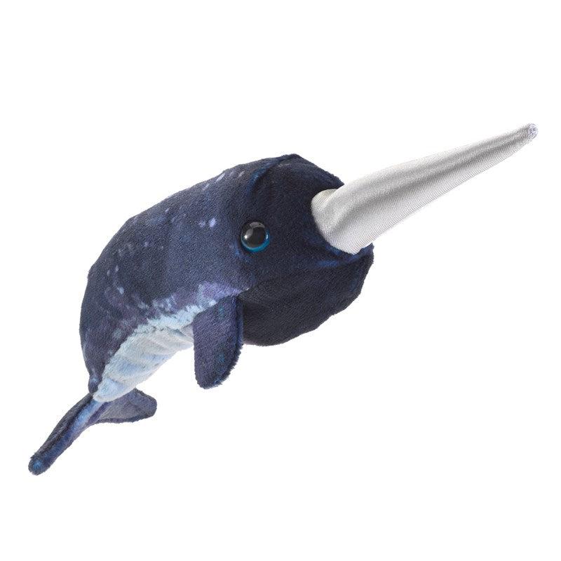 Front view of mini narwhal finger puppet.