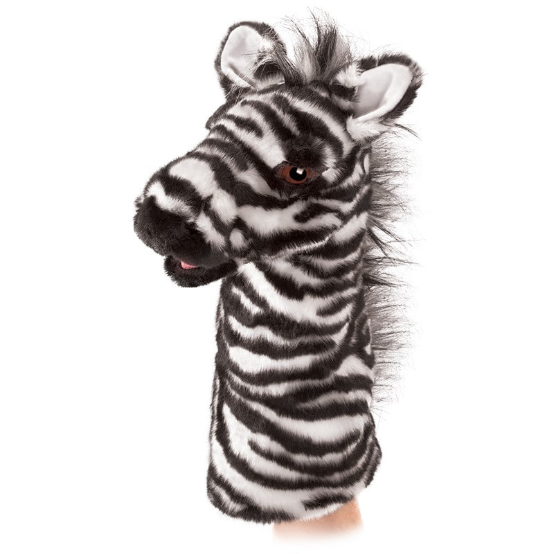 Front view of zebra stage puppet on someone&#39;s hand.