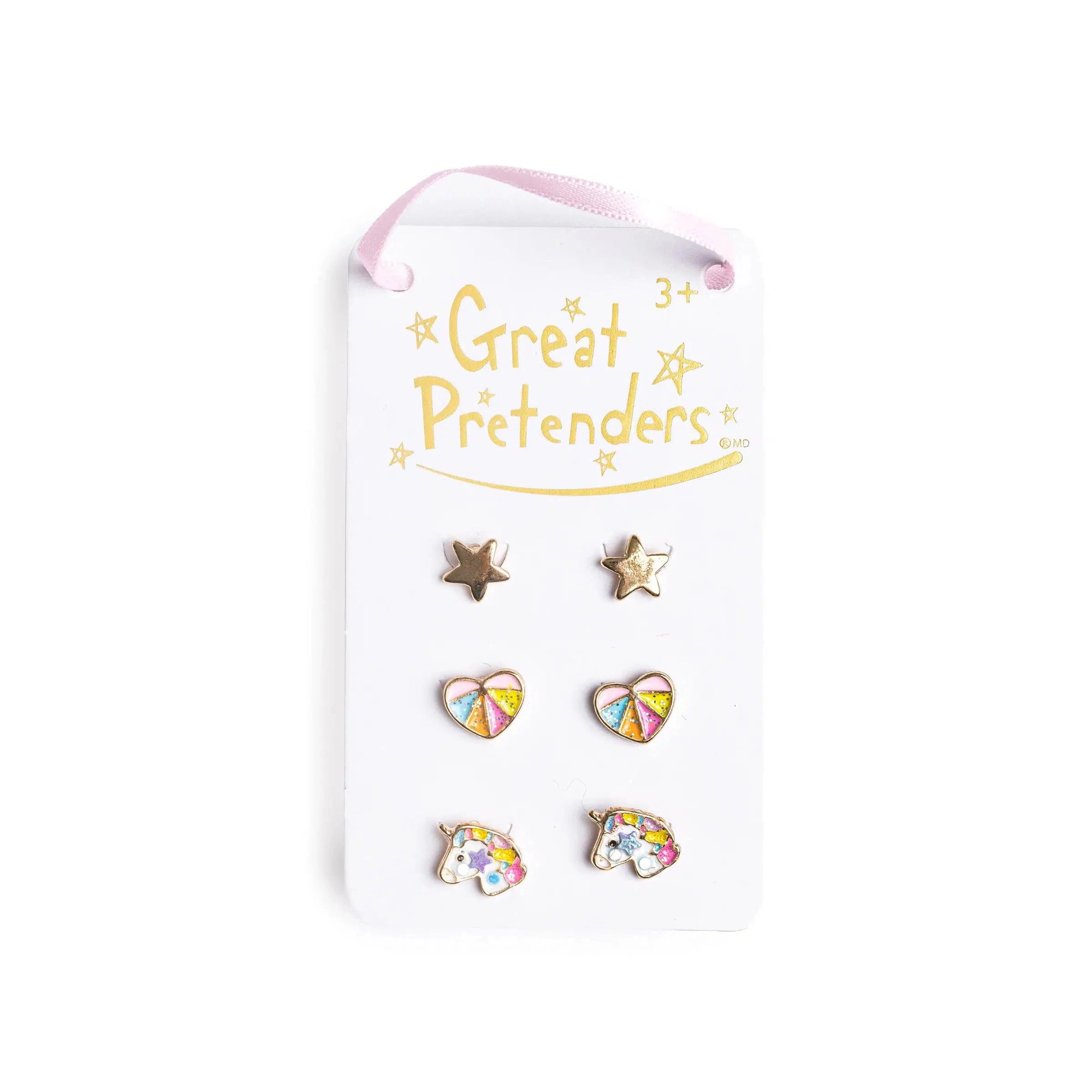 Front view of Cheerful Studded Earrings showing stars, hearts, and unicorns.