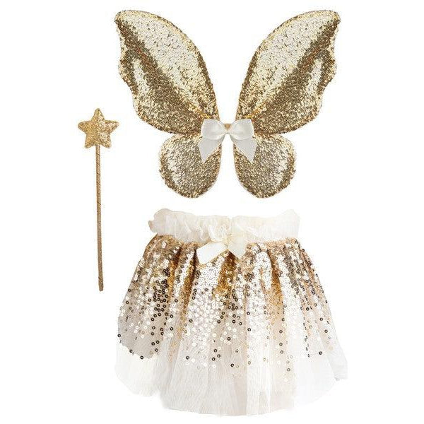 Front view of all three pieces of the Gracious Gold Sequin Skirt including the skirt, wings, and wand.