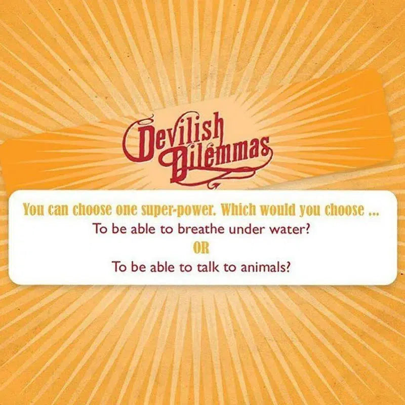 Front up close view of one of the game cards from Devilish Dilemmas.