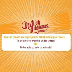 Front up close view of one of the game cards from Devilish Dilemmas.