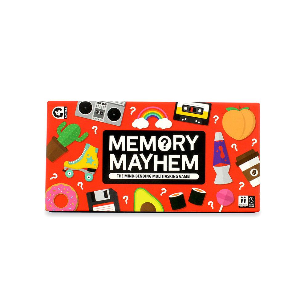 Front view of Memory Mayhem game in its box.