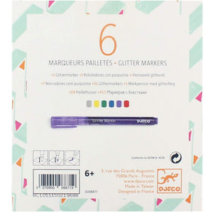Front view of the back of the packaging for 6 Glitter Markers. 