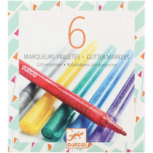 Front view of 6 Glitter Markers in the box.