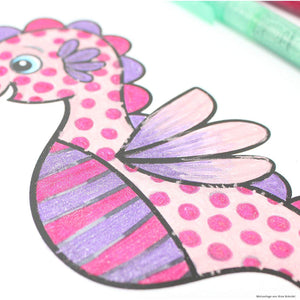 Front view of an illustration colored in using the 6 Glitter Markers.