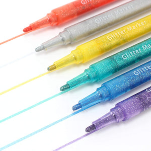 Front view of the 6 Glitter Markers without caps.