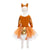 Mannequin rear view wearing orange, white, and copper dress, and flowered fox headpiece.