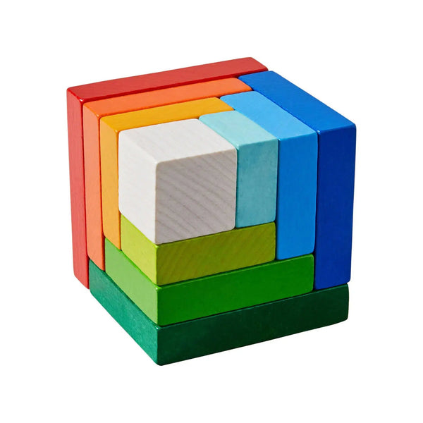 Front view of 3D Arranging Game Rainbow Cube out of its package and put together.