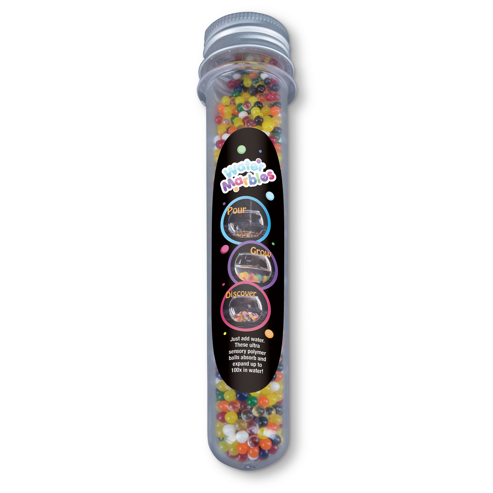 Front view of a pack of water marbles.