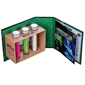 Front view of the packaging for the luminescent lab opened up, showing the contents and instruction guide.