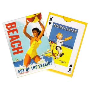 Front view of the Beach Art of the Seaside Playing Cards in its box along with rear view of the box.