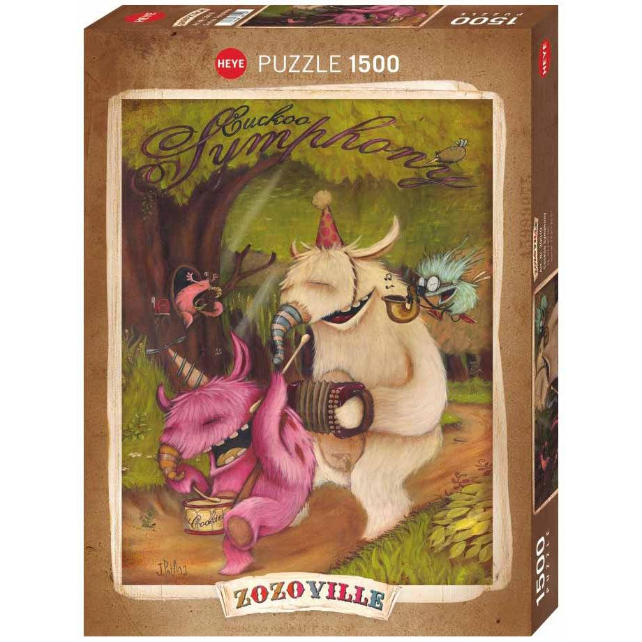 Front view of Zozoville Cuckoo Symphony 1500 piece puzzle in its box.