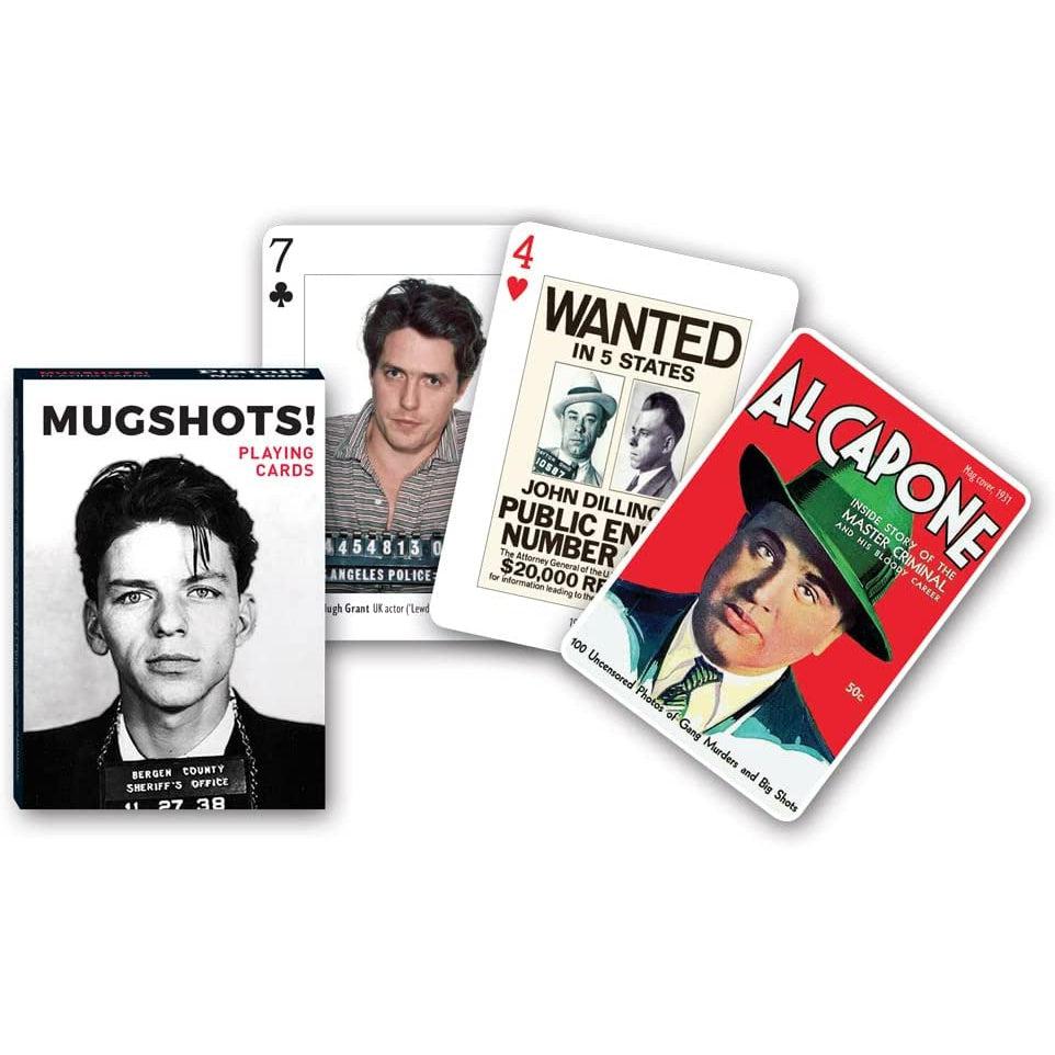 Front view of the box for the Mugshots Playing Cards with several cards outside the box.