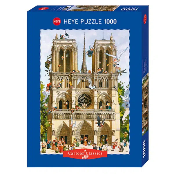 Front view of the Cartoon Classics Viva Notre Dame 1000 piece puzzle in its box.