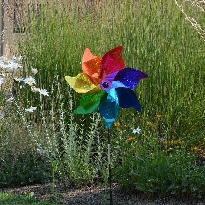 Front view of a Rainbow Sparkle Pinwheel in flowers.