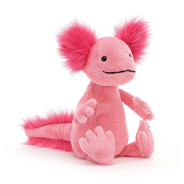 Front view of Alice Axolotl sitting down against white background.