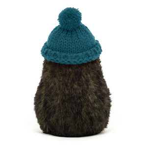 Rear view of Jellycat Amuseable Avocado wearing knit teal hat.