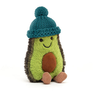 Front view of Jellycat Amuseable Avocado wearing teal knit hat.