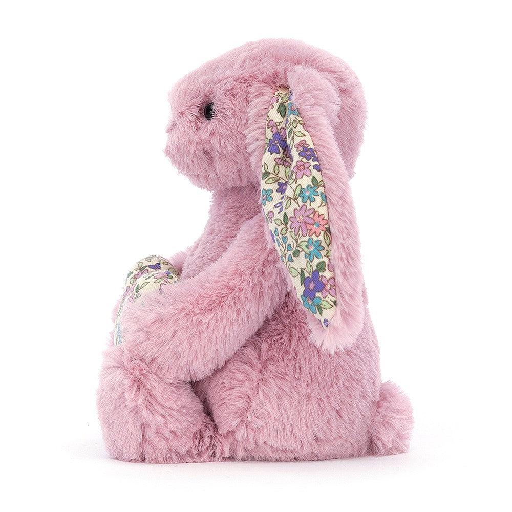 Front view of the Blossom Heart Tulip Bunny 6 inch sitting showing the heart she is holding.