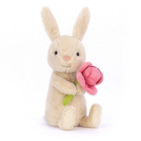 Front view of Bonnie Bunny With Peony showing bunny holding the flower.