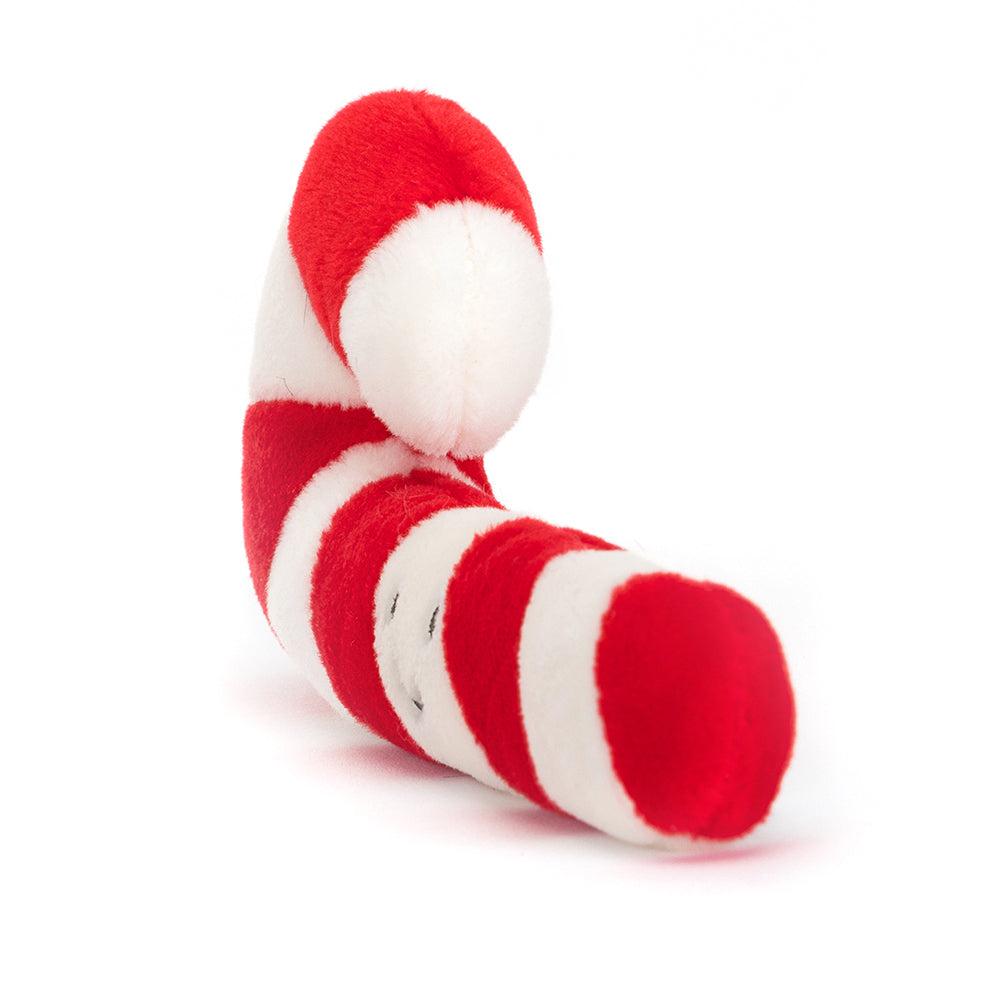 Front view of candy cane laying on it's back.