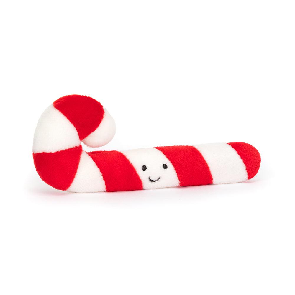 Front side view of candy cane with the face showing.