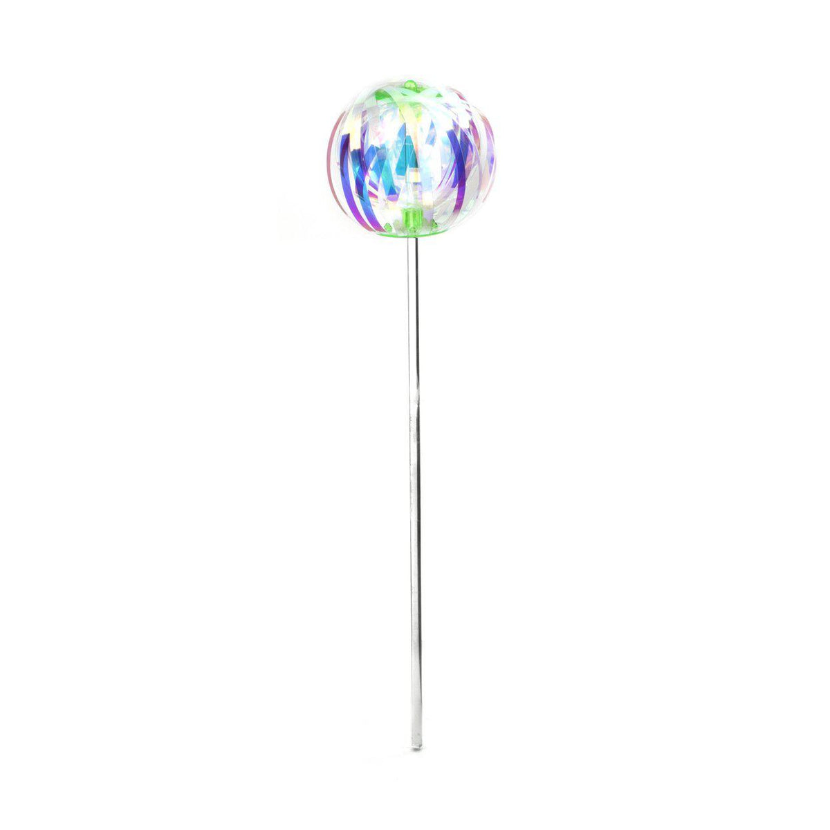 Iridescent plastic strips twirled around a stick into a ball