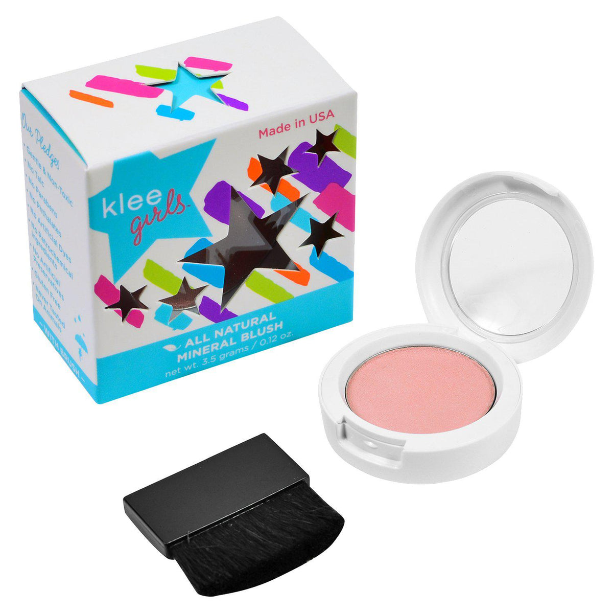 front side view of box, blush, and brush