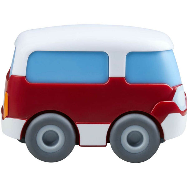 Front side view of the KUBU Red White Mini Bus.
