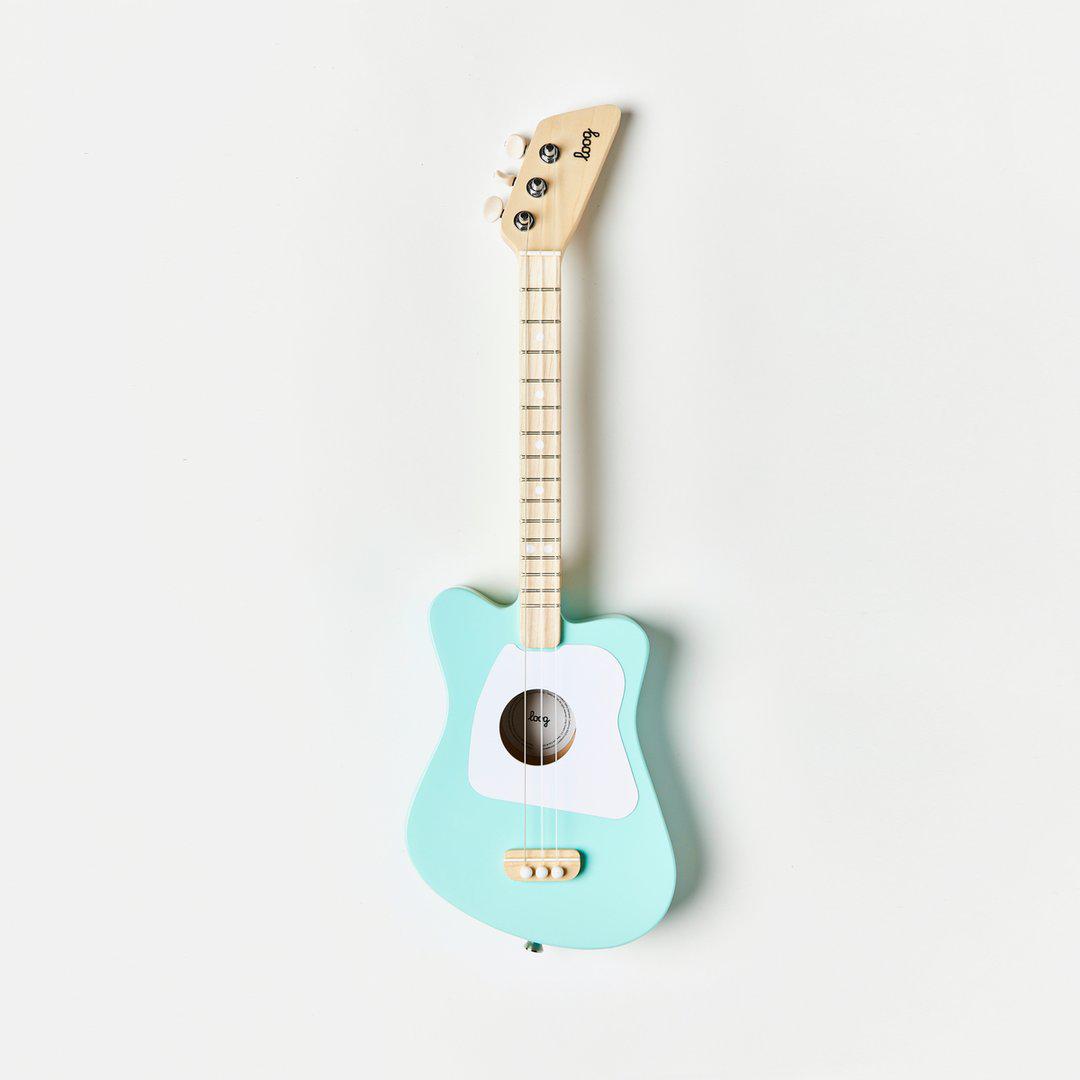 Front view of the mini green guitar.